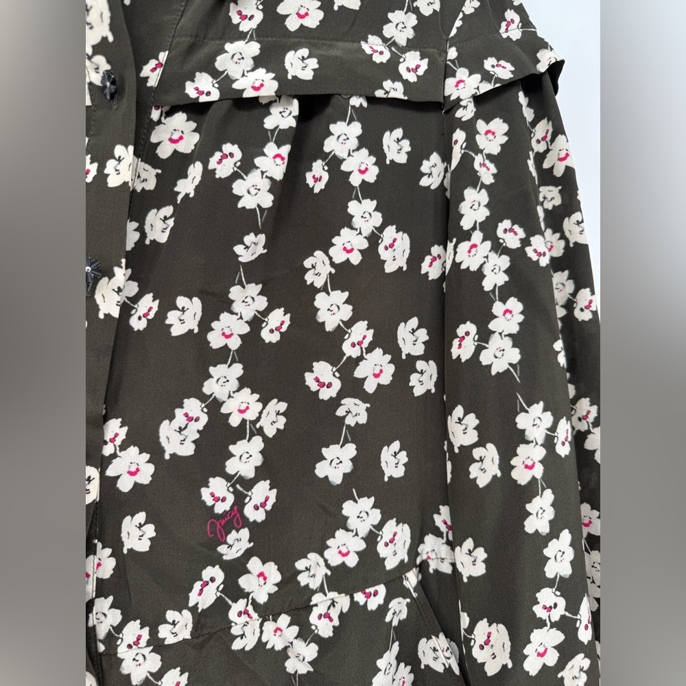 Juicy Couture Black Label Silk Olive Green Cherry Blossom Shirt Dress - Picture 4 of 10